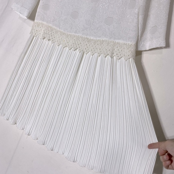 Vintage White Long Sleeve Pleated Midi Shift Bride Mother Of The Bride Dress M - Picture 13 of 16